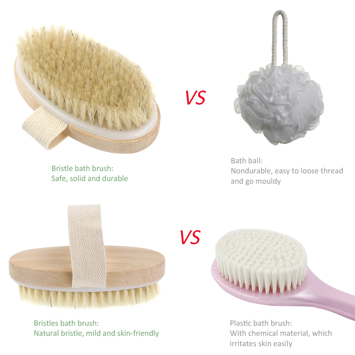 Natural Bristle Shower Brush - Wooden Dry Skin Body Brush for Spa
