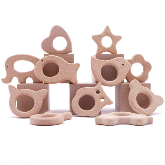 Wooden Animal Teether Set - Natural Beech Wood (10 Pieces)