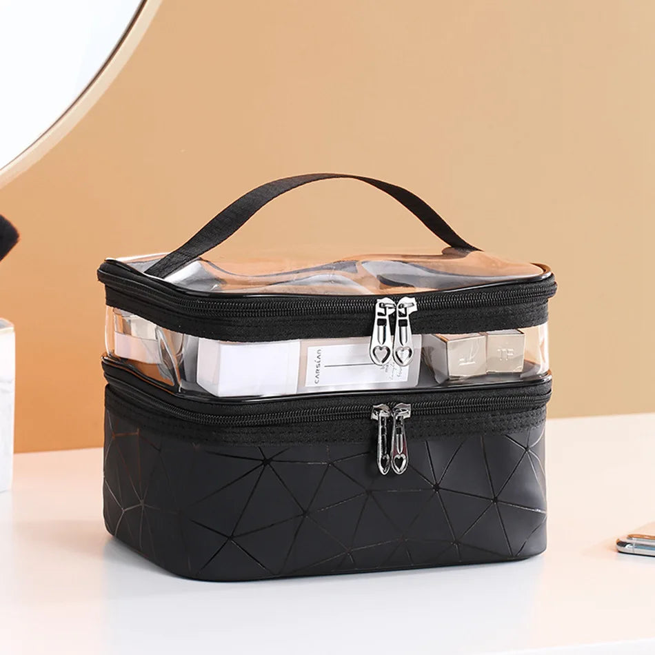 Double Transparent Cosmetic Bag - Large Capacity Travel Makeup Organizer