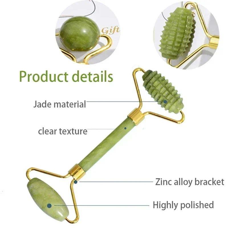 Natural Jade Roller and Gua Sha Set - Face Massage Tool for Lifting