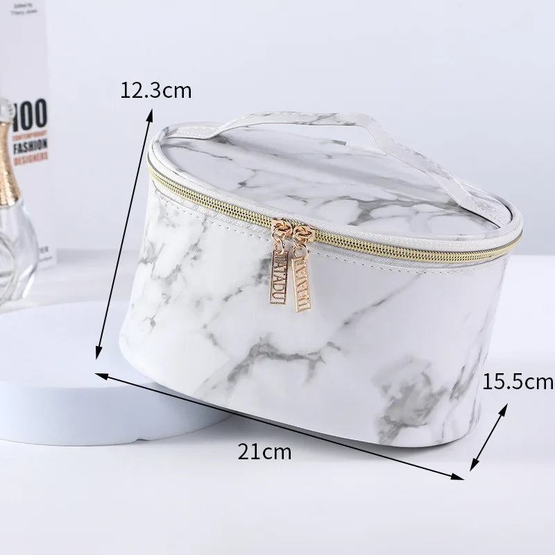 Pink Marble Pattern Cosmetic Bag - Waterproof PU Leather Makeup Organizer