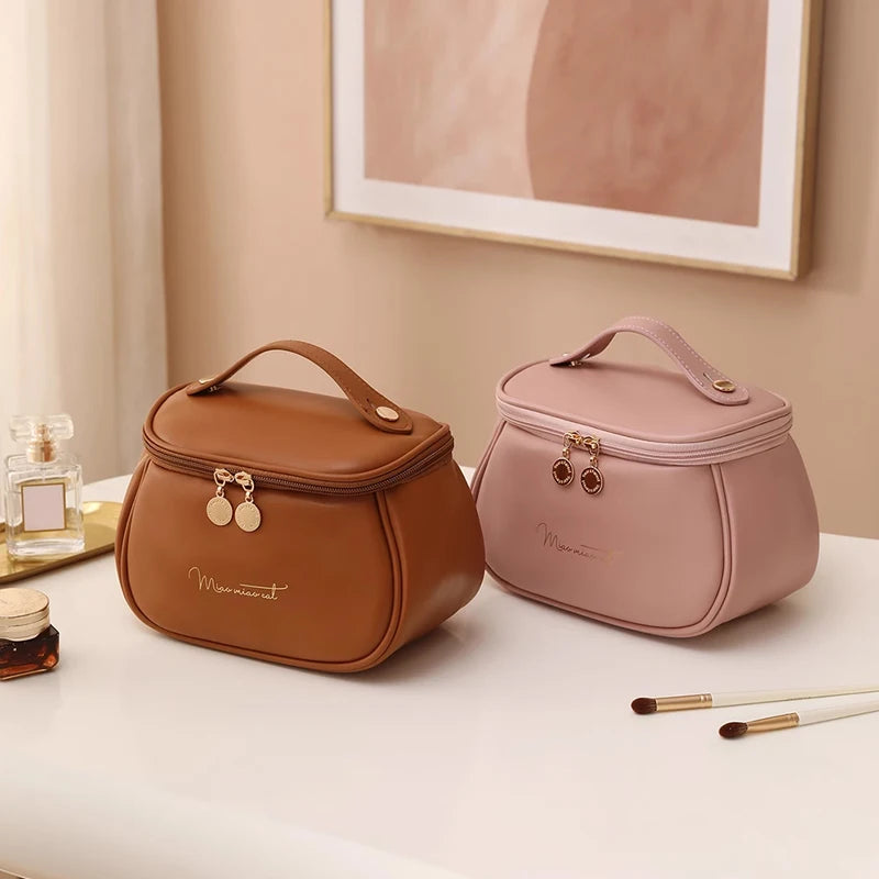 PU Leather Portable Makeup Case - Multi-Functional Travel Toiletry Kit