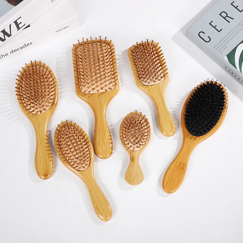 Bamboo Hair Brush - Anti-Static Scalp Massage Comb with Airbag Cushion