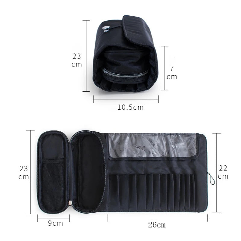 Waterproof Makeup Brush Organizer - Rolling Travel Cosmetic Case