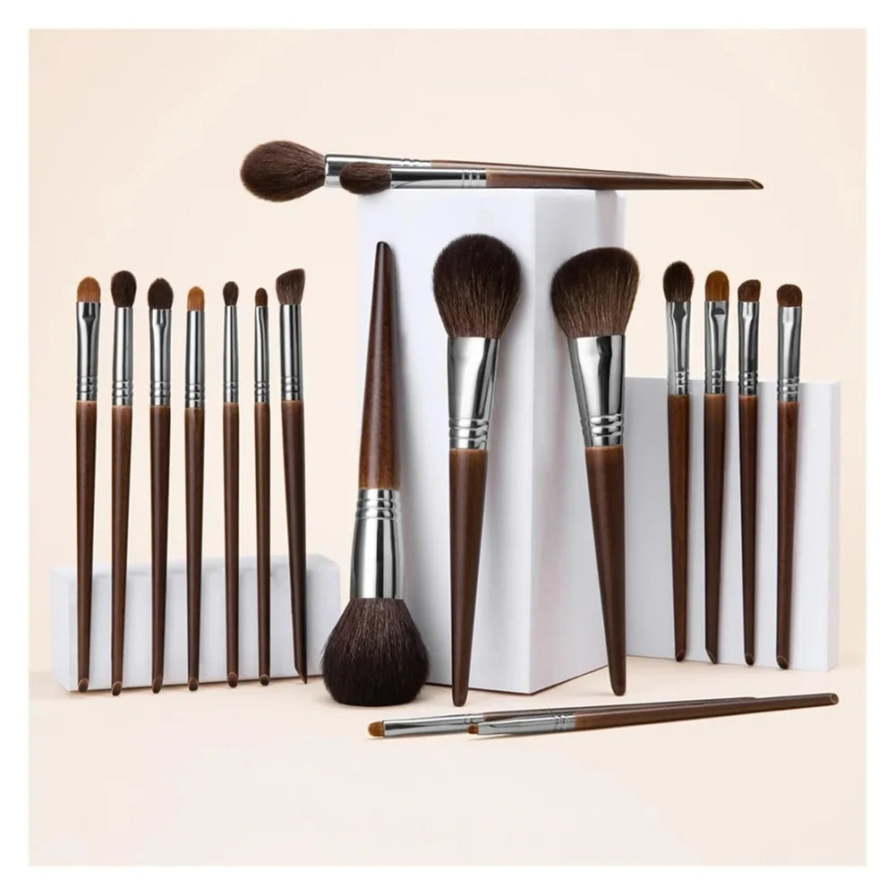 Natural Goat Hair Makeup Brush Set - 14 Piece Professional Kit