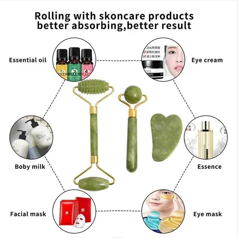 Natural Jade Roller and Gua Sha Set - Face Massage Tool for Lifting
