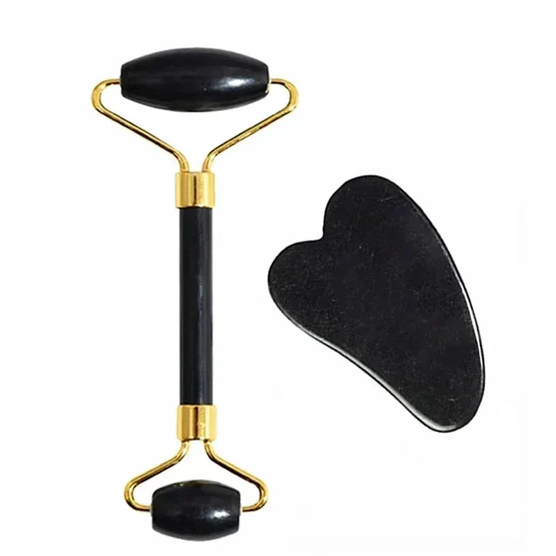 Natural Jade Roller and Gua Sha Set - Face Massage Tool for Lifting
