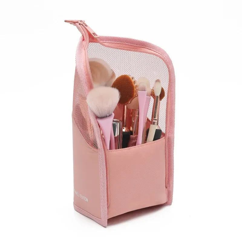 Clear Stand Cosmetic Bag - Zipper Makeup Brush Holder Travel Organizer