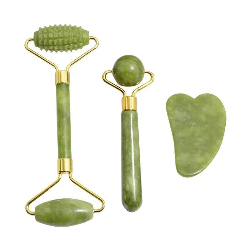 Natural Jade Roller and Gua Sha Set - Face Massage Tool for Lifting