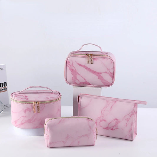 Pink Marble Pattern Cosmetic Bag - Waterproof PU Leather Makeup Organizer