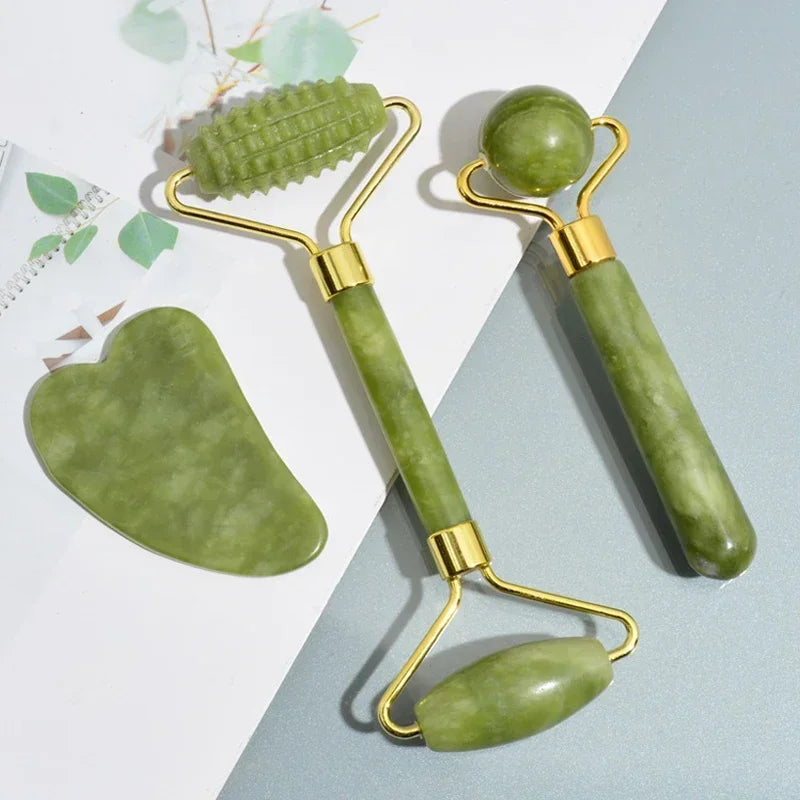 Natural Jade Roller and Gua Sha Set - Face Massage Tool for Lifting