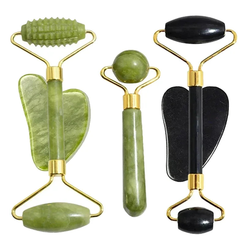 Natural Jade Roller and Gua Sha Set - Face Massage Tool for Lifting