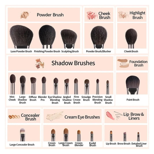 Natural Goat Hair Makeup Brush Set - 14 Piece Professional Kit