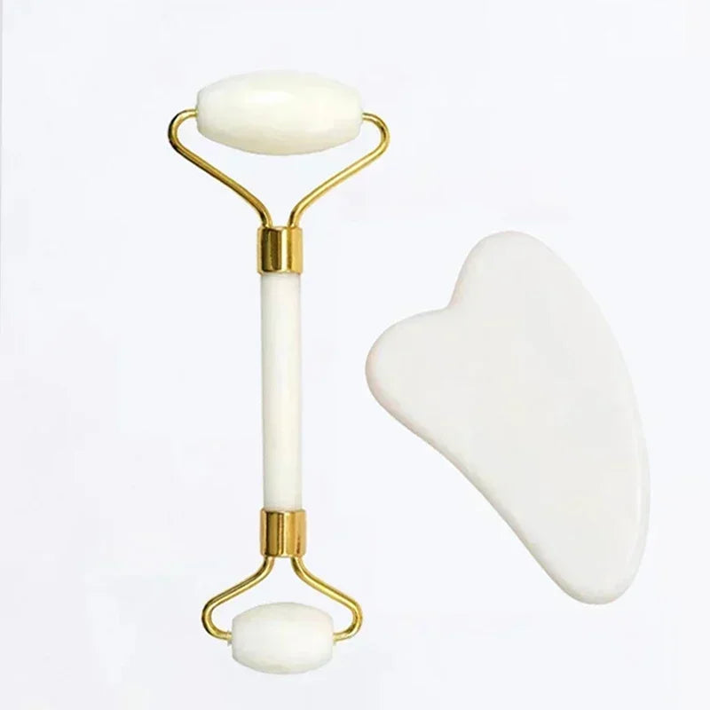 Natural Jade Roller and Gua Sha Set - Face Massage Tool for Lifting