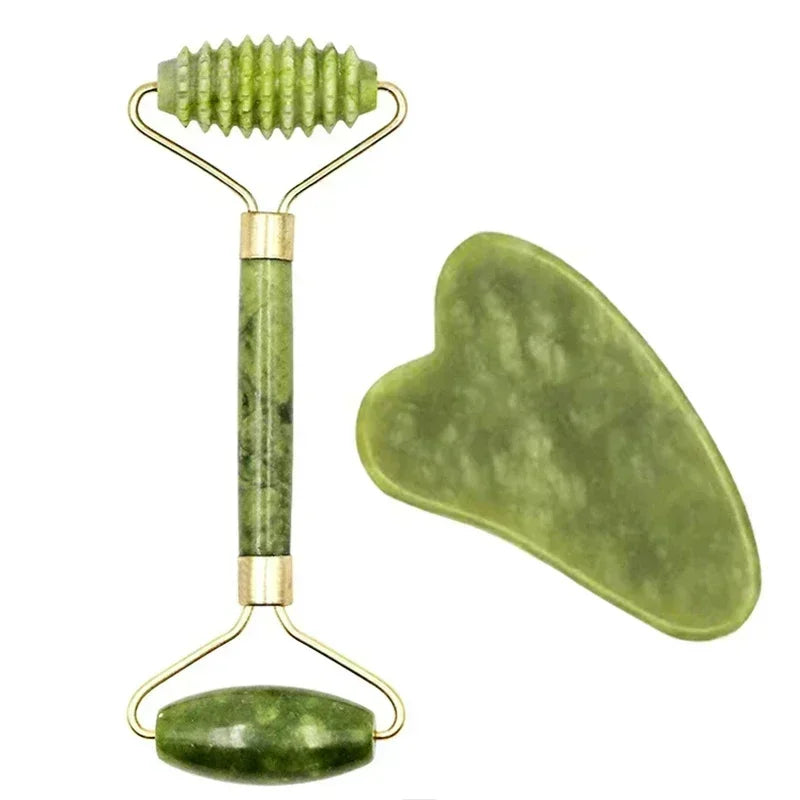 Natural Jade Roller and Gua Sha Set - Face Massage Tool for Lifting