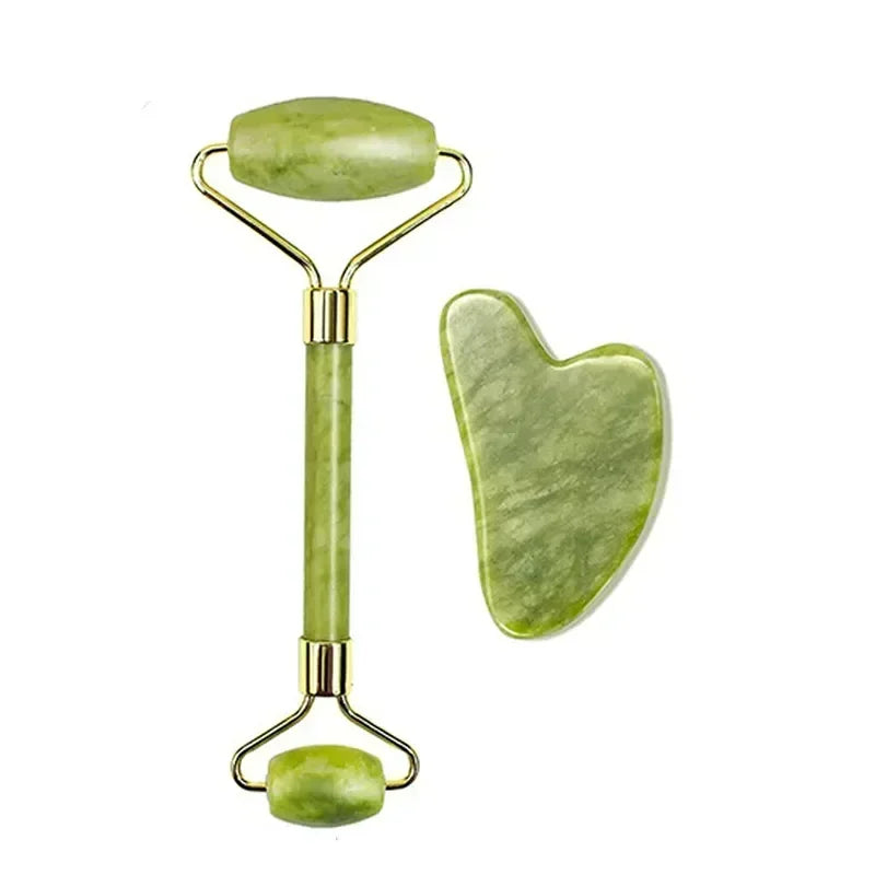 Natural Jade Roller and Gua Sha Set - Face Massage Tool for Lifting