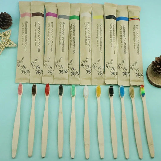 Colorful Bamboo Toothbrush Set - Charcoal Soft Bristle (10 Pack)