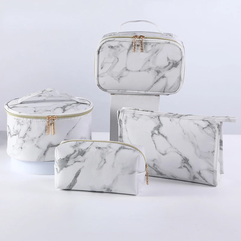 Pink Marble Pattern Cosmetic Bag - Waterproof PU Leather Makeup Organizer
