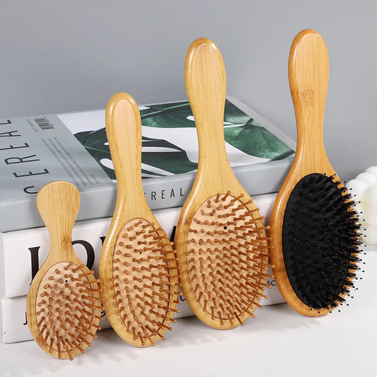 Bamboo Hair Brush - Anti-Static Scalp Massage Comb with Airbag Cushion