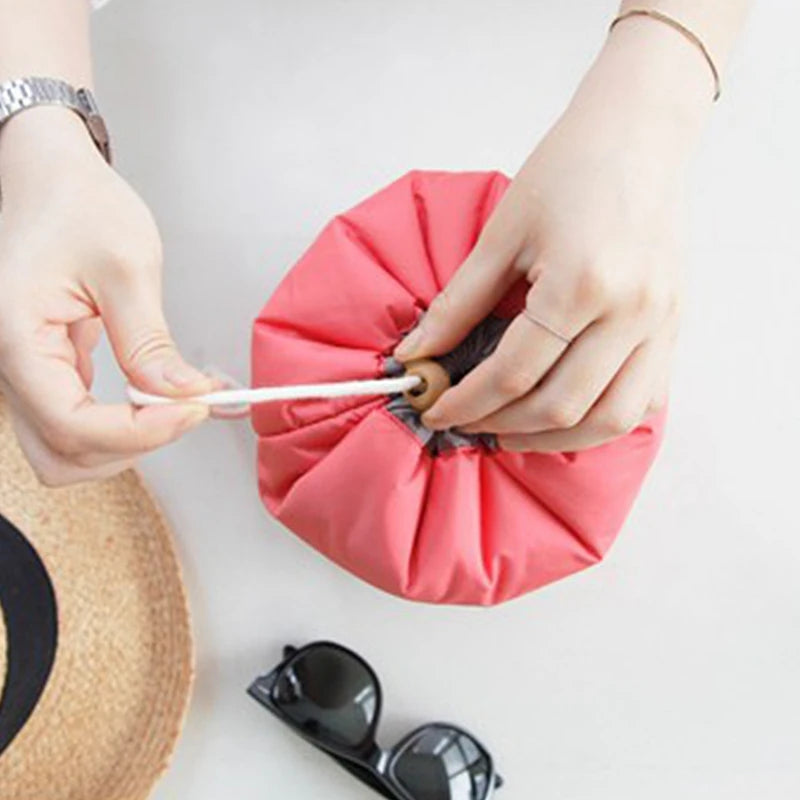 Lazy Drawstring Cosmetic Bag - Round Waterproof Makeup Organizer Pouch